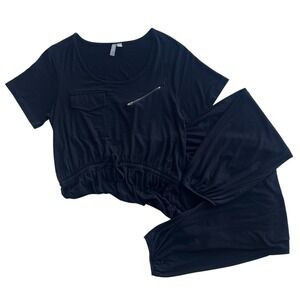 ASOS 10 Black Knit Short Sl Zip Pockets Tie Waist Utility Jogger Jumpsuit Lounge